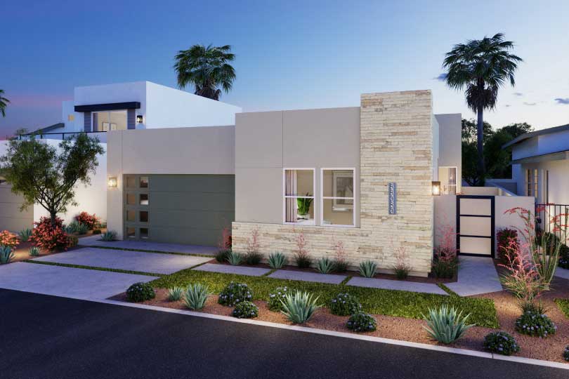 artist's rendering of backyard and pool plan 1A-Desert Modern Volare.
